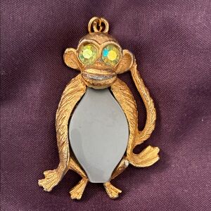 Vintage Unique Gold-tone Monkey Pendant with Sparkly Crystal Stone Eyes